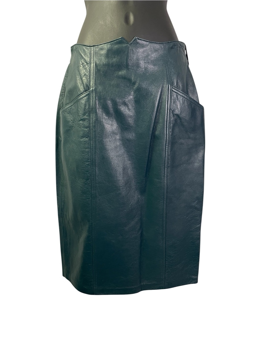 Suzelle Vintage Peacock Blue Leather Pencil Skirt Size 8 Pockets Vented NEW